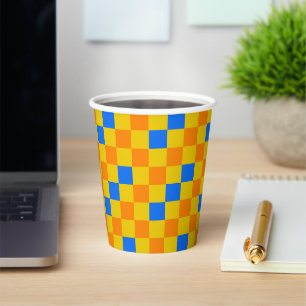 Oranges Gelbes Blaues Karomuster-Design  Pappbecher