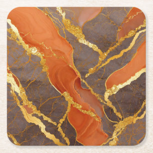 Oranges Marmormuster mit Gold Rechteckiger Pappuntersetzer