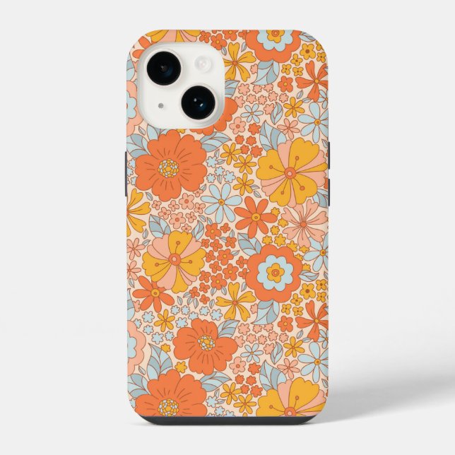 Oranges Retro-Blumenmuster iPhone 14 Hülle (Rückseite)