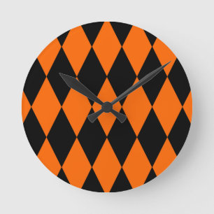 Oranges Schwarz Harlekin Diamanten Dame Design  Runde Wanduhr