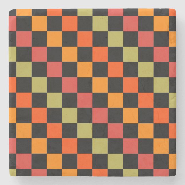 Oranges Schwarz kariertes Gingham-Muster Steinuntersetzer (Vorderseite)