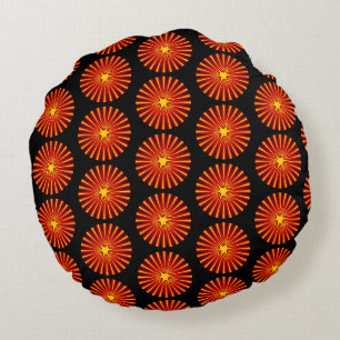 Oranges Sonnenburst-Fraktal-Art Strandhaus-Muster Rundes Kissen