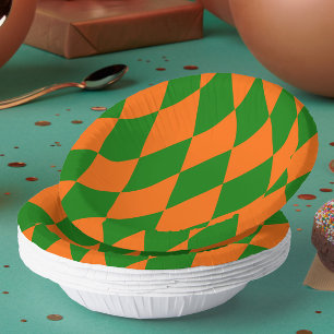 Oranges und grünes Harlekin-Karo-Design Pappteller