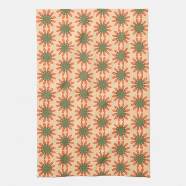 Oranges und grünes Retro-Blumenmuster Geschirrtuch (Vertikal)