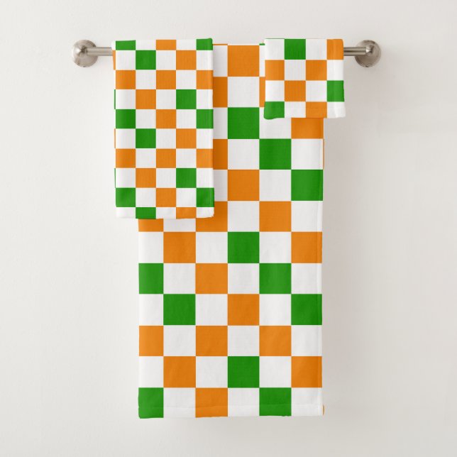 Oranges Weiß Grün Kariertes Musterdesign  Badhandtuch Set (Insitu)