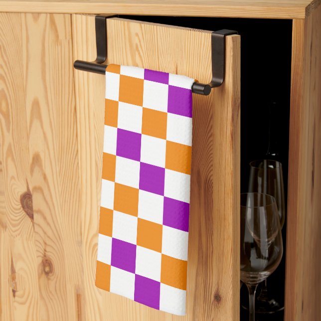 Oranges Weiß Lila Karomuster Design  Geschirrtuch (Drittel gefaltet)