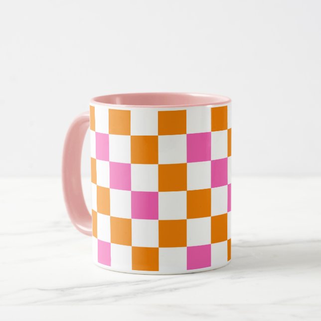 Oranges Weiß-Rosa Karomuster-Design  Tasse (Vorderseite Links)