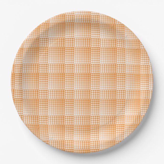 Oranges Weißes Schachbrett Abstract Pattern Pappteller (Vorderseite)