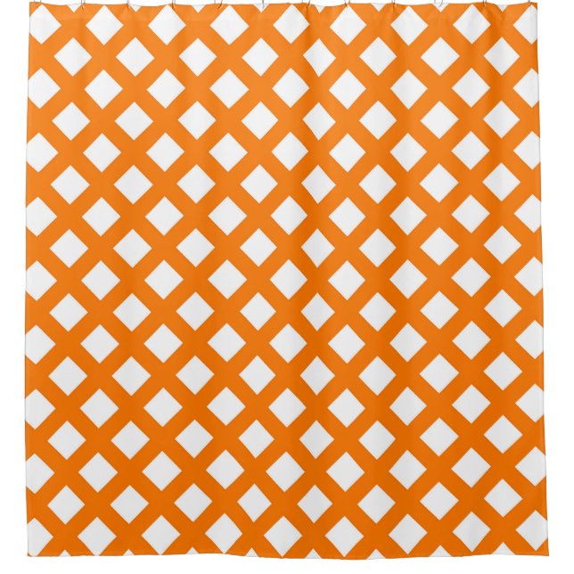 Oranges Weißes Schachbrett-Diamantmuster Duschvorhang (Vorderseite)