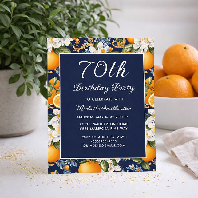 Oranges White Flowers Navy Blue 70th Birthday Einladung (Oranges on navy blue 70th birthday invitation)