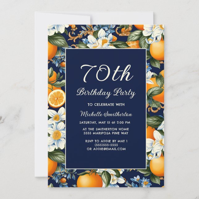 Oranges White Flowers Navy Blue 70th Birthday Einladung (Vorderseite)
