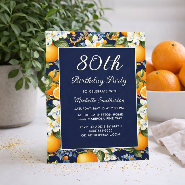 Oranges White Flowers Navy Blue 80th Birthday Einladung (Oranges on navy blue 80th birthday invitation)