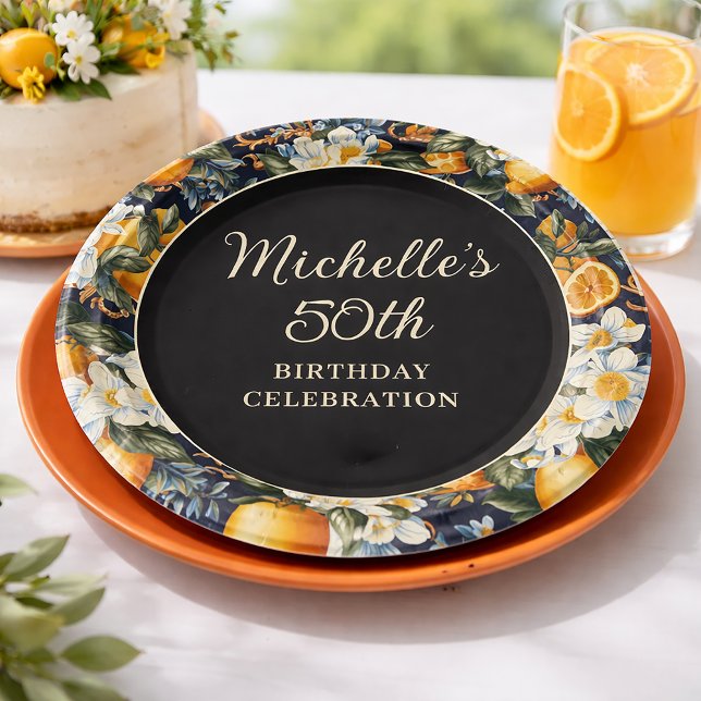 Oranges White Flowers Navy Blue Birthday Welcome Pappteller (Navy citrus floral 50th birthday paper plate )