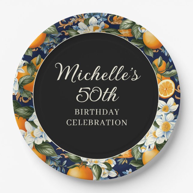 Oranges White Flowers Navy Blue Birthday Welcome Pappteller (Vorderseite)