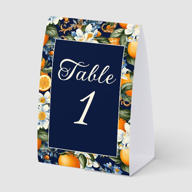 Oranges White Flowers Navy Blue Table Number Tischaufsteller (Vorderseite)