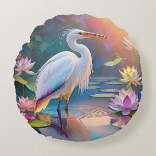 Orangeschnabeliger Weißer Reiher Fantasy-Vogel Rundes Kissen