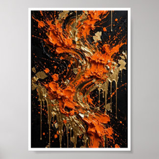 Orangeschwarzes Goldfeuer-Abstraktkunst-Print Poster