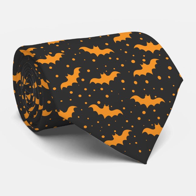 Orangeschwarzes Halloween-Fledermausmuster Krawatte (Gerollt)