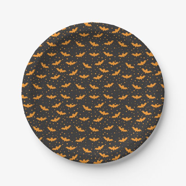 Orangeschwarzes Halloween Fledermausmuster Pappteller (Vorderseite)
