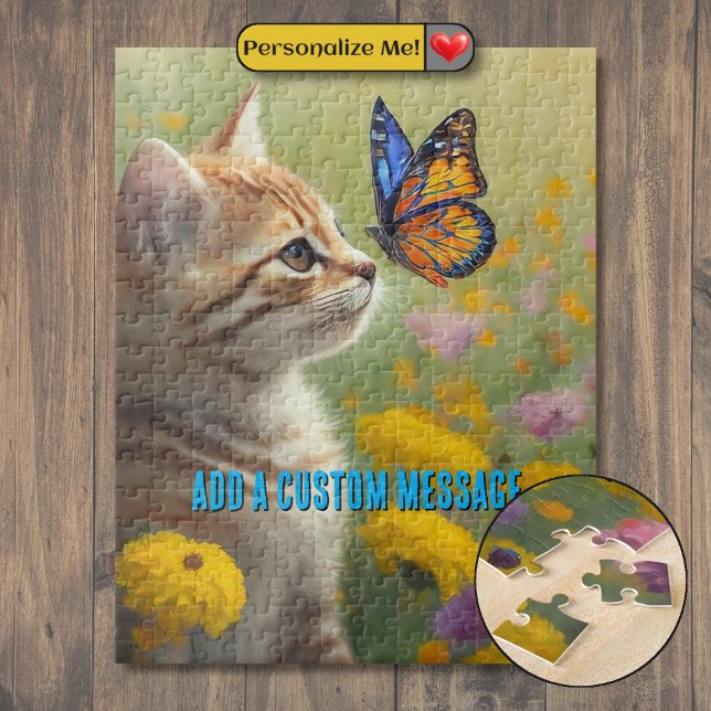 Orangeweißes Kätzchen Farbiger Schmetterling (Orange White Kitten Colorful Butterfly Jigsaw Puzzle)
