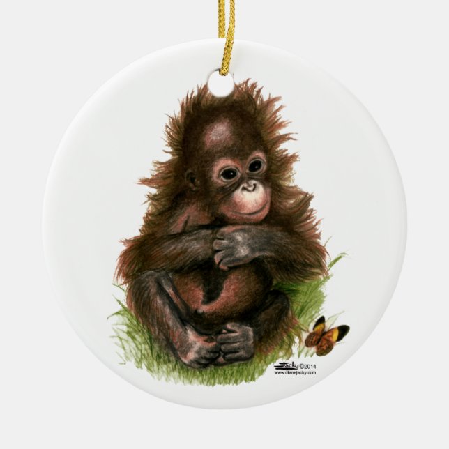 Orangutan Baby and Butterfly Keramikornament (Vorne)