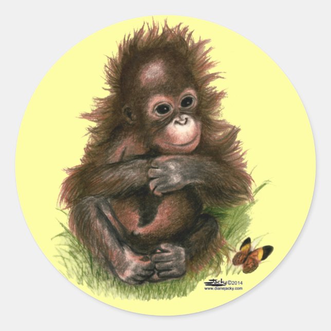 Orangutan Baby and Butterfly Runder Aufkleber (Vorderseite)