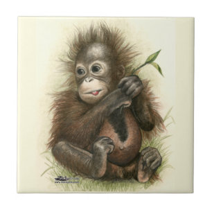 Orangutan Baby mit Blätter Fliese
