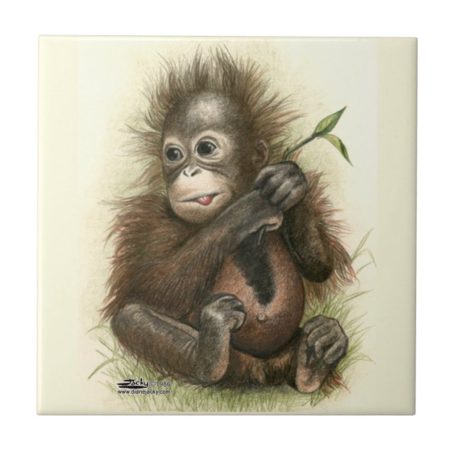 Orangutan Baby mit Blätter Fliese (Vorderseite)
