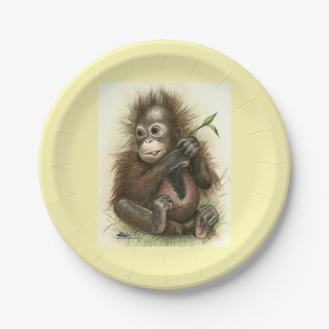 Orangutan-Baby mit Blätter Pappteller (Vorderseite)