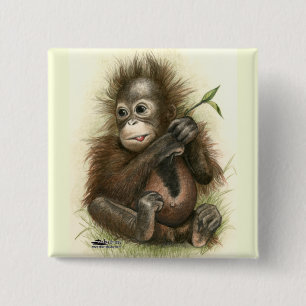 Orangutan Baby With Leaves Button