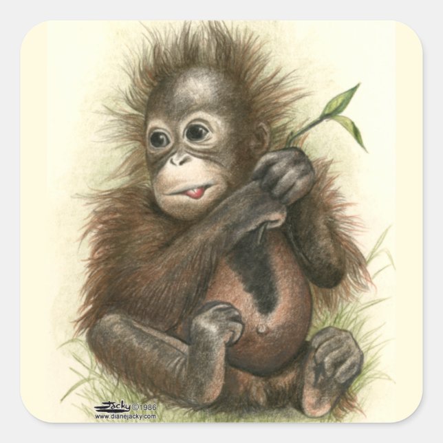Orangutan Baby With Leaves Quadratischer Aufkleber (Vorderseite)