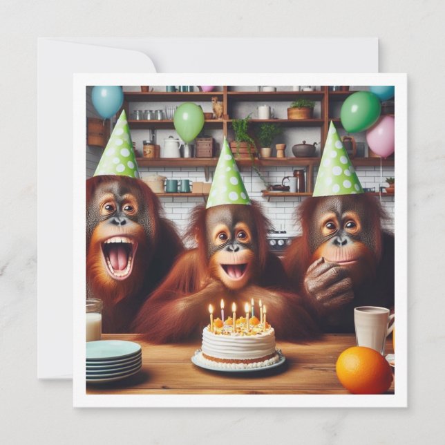 Orangutangs feiern, Affenbild Geburtstag Einladung (Vorderseite)