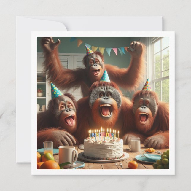 Orangutangs feiern, Affenbild Geburtstag Einladung (Vorderseite)