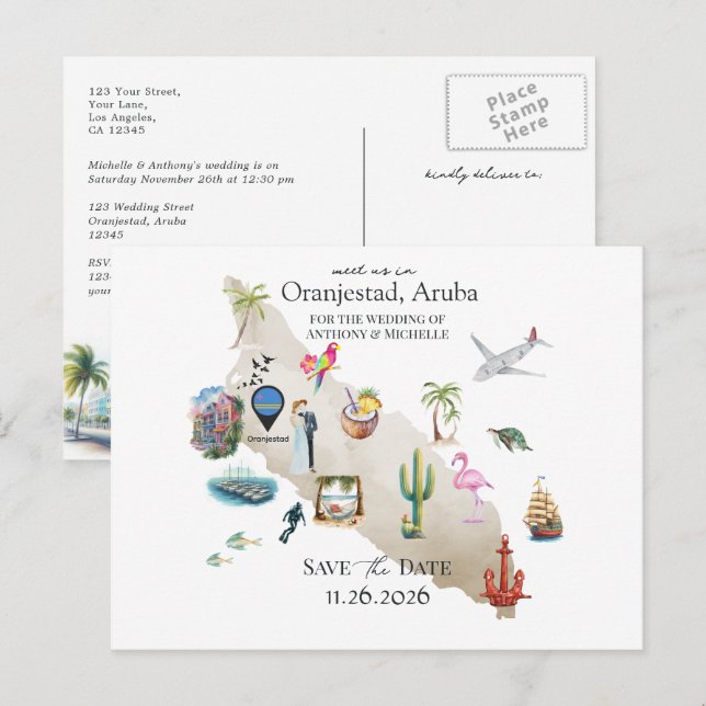 Oranjestad Aruba Destination Wedding Save the Date Postkarte (Vorne/Hinten)
