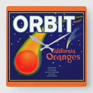 Orbit Orange Obstkartentext der 1920er Jahre Quadratische Wanduhr