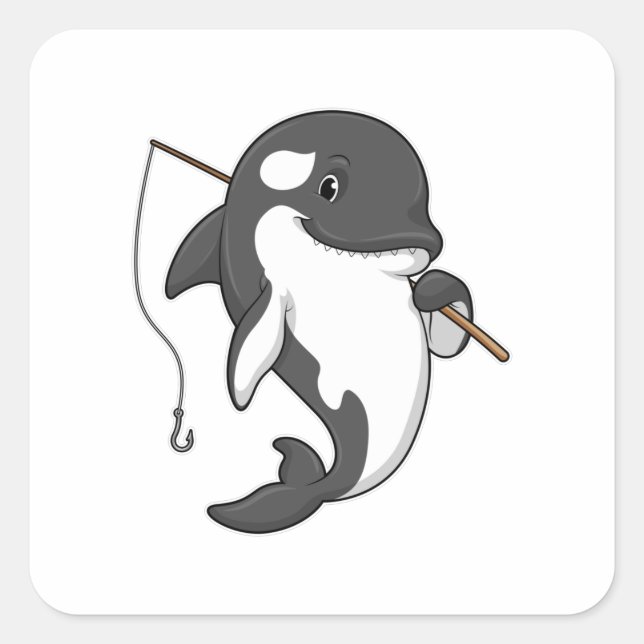 Orca as Fisher mit Angelrute Quadratischer Aufkleber (Vorderseite)