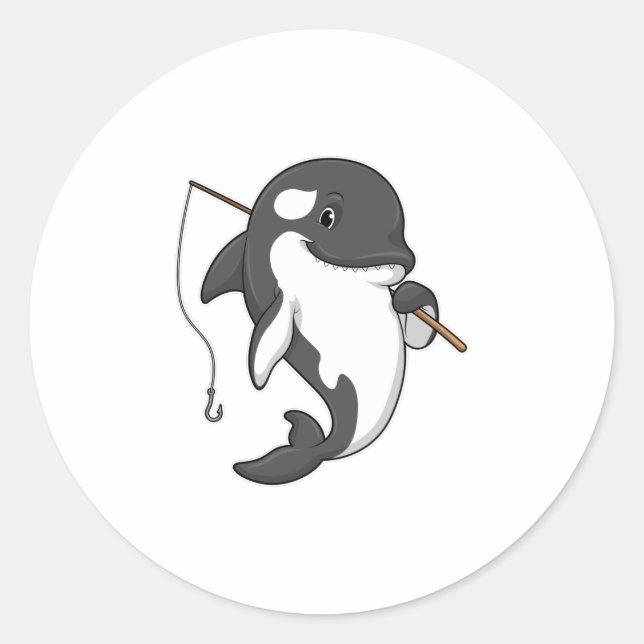 Orca as Fisher mit Angelrute Runder Aufkleber (Vorderseite)