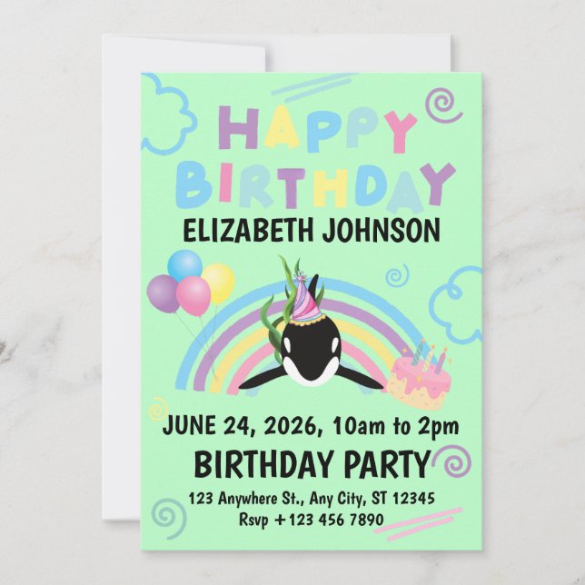 Orca Birthday Invitation in Green (Devant)