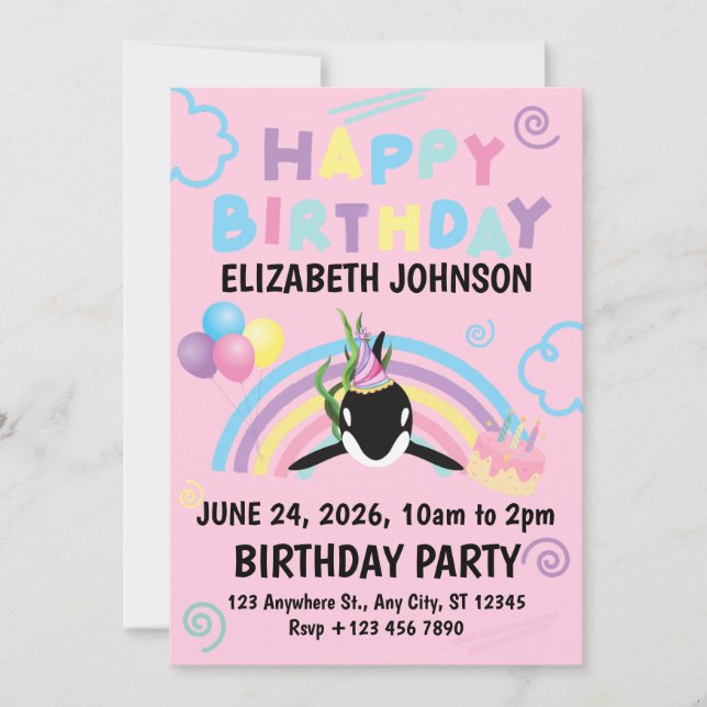 Orca Birthday Invitation in Pink Einladung (Vorderseite)