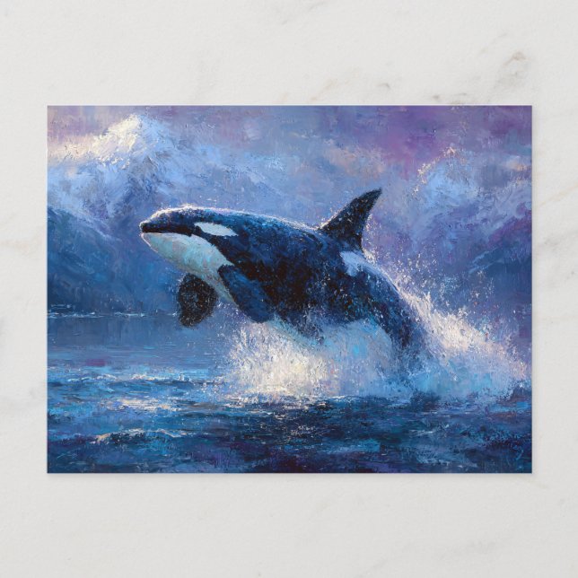 Orca Breaching Near Snowy Mountains Postkarte (Vorderseite)