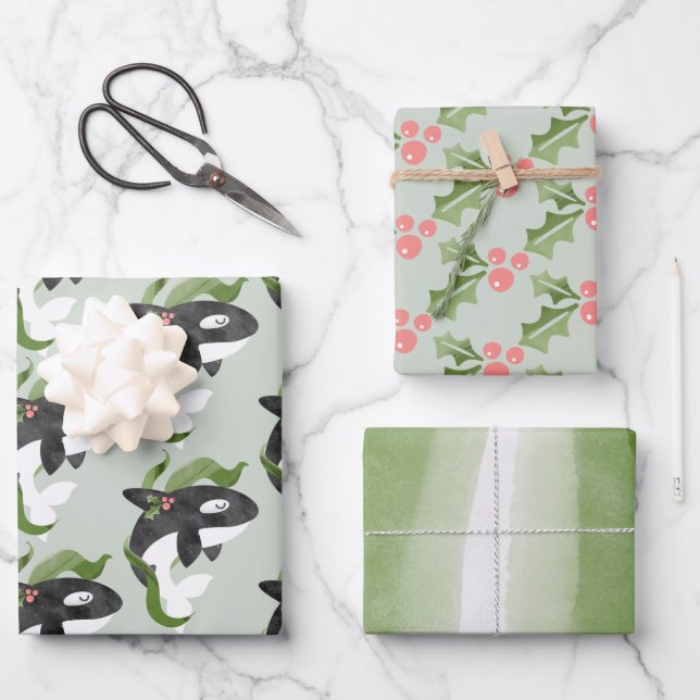 Orca Christmas Wrapping Paper Flat Sheet Set 3 Geschenkpapier Set (Vorderseite)