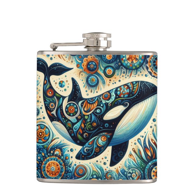 Orca Killer Whale Floral Whimsical Nautical Beach Flachmann (Vorderseite)