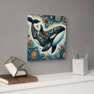 Orca Killer Whale Floral Whimsical Nautical Beach Quadratische Wanduhr