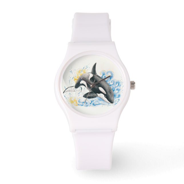 Orca Killer Whale Jumping in Waves Wasserfarbe Armbanduhr (Vorderseite)