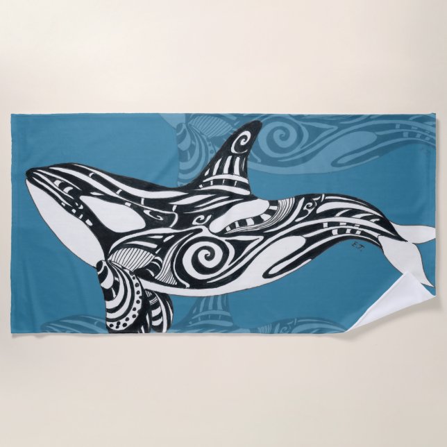 Orca Killer Whale Tlingit Indigo Blue Tinte Strandtuch (Vorderseite)