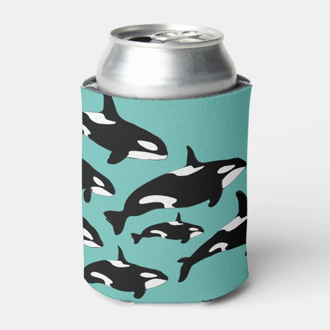 Orca Killer Whales Muster Schwarz-Weiß auf Blau Dosenkühler (Kanne Vorderseite)