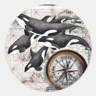Orca Nautical Compass Runder Aufkleber