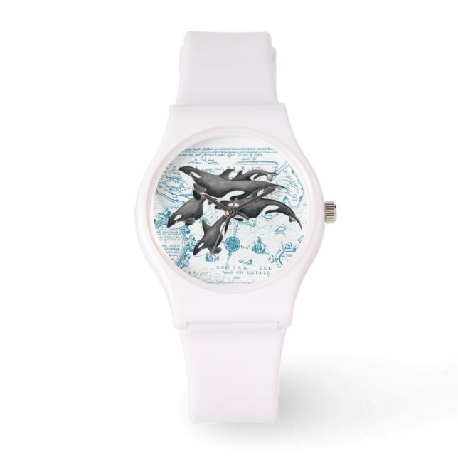 Orca Wale Familie altertümliches Blau Armbanduhr (Vorderseite)