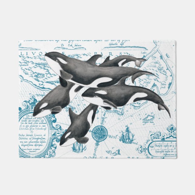 Orca Wale Familie altertümliches Blau Fußmatte (Vorderseite)