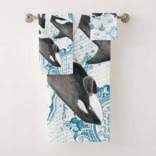 Orca Wale Familie uralt blau Badhandtuch Set